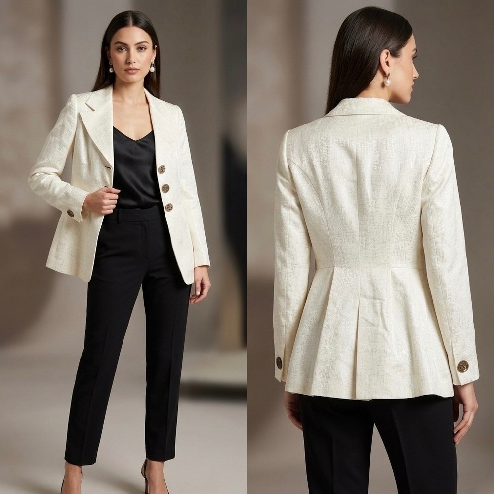 Giorgio Armani Borgo 21 Ivory Linen Silk Blend Pleated Peplum Blazer Jacket 40